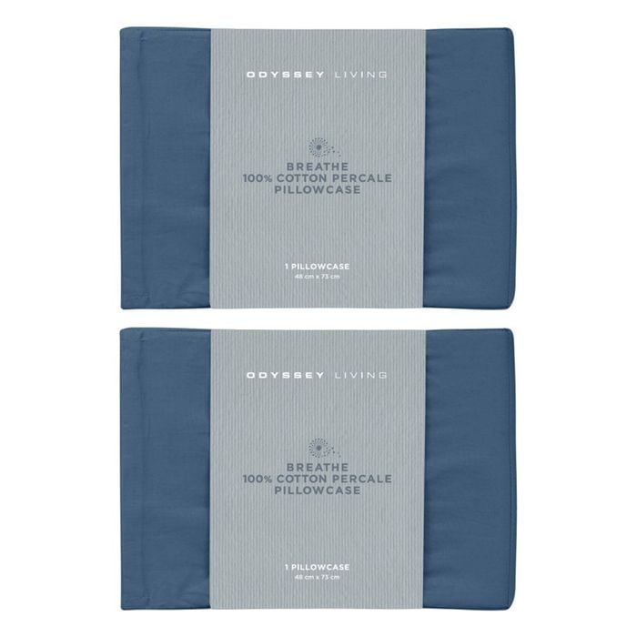 2x Odyssey Living Breathe Cotton Standard Pillowcase 48cm X 73cm Marine Blue
