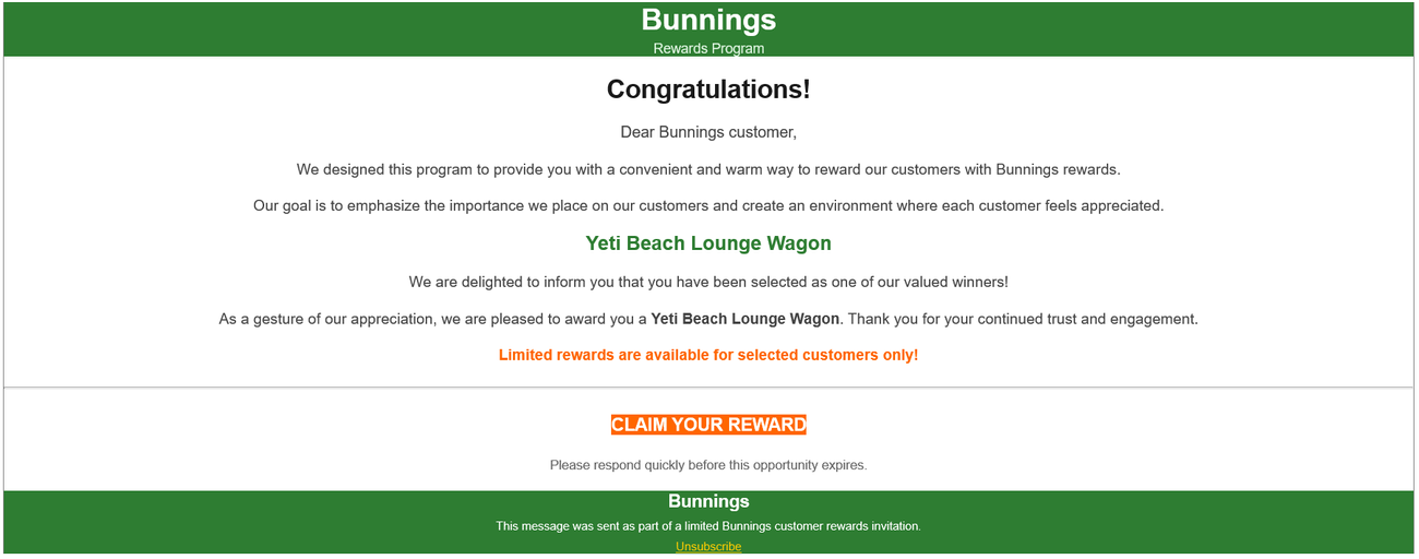 Promotional email claiming a Bunnings rewards win, with a blurred Bunnings Warehouse storefront background and an image of a beige Yeti beach lounge wagon displayed above a “Claim Your Reward” button.