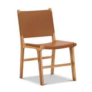 Casey Set of 2 Coco Tan Flat Leather Natural Teak Wood Dining Chairs