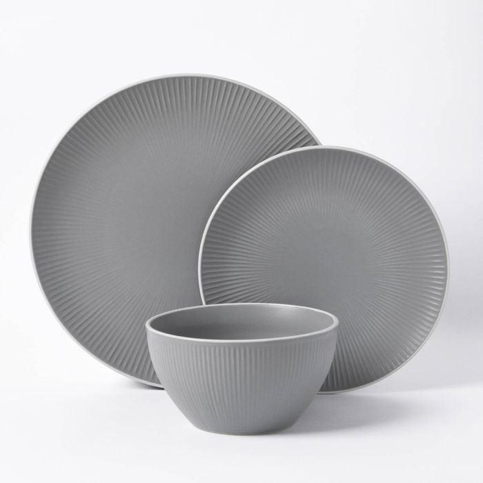 Cadence & Co. Maze 12-piece Ribbed Dinner Set Matte Glaze Grey & White 4 Person