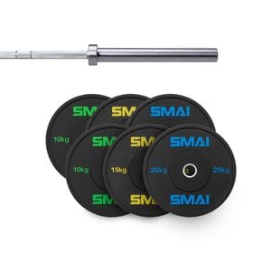 Smai 105kg Hd Bumper Plate Set Inc 15kg Barbell - 15kg Chrome Barbell