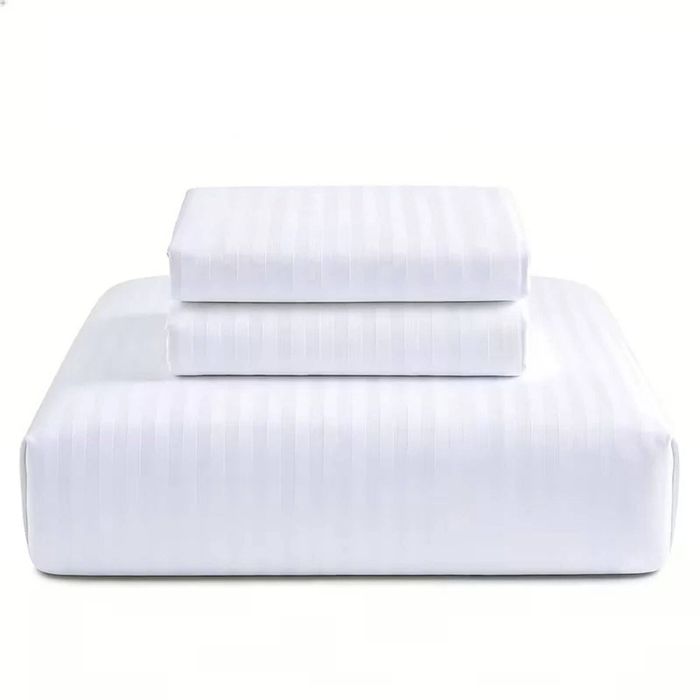 CottonMore 100% Cotton 650TC 1cm Sateen Striped Soft Sheet set White - Queen