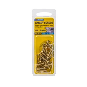 Zenith 6g x 20mm Brass Countersunk Long Thread Phillips Screws - 40 Pack