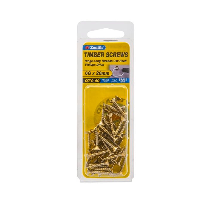 Zenith 6g x 20mm Brass Countersunk Long Thread Phillips Screws - 40 Pack