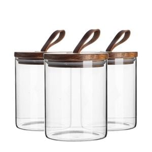 Argon Tableware Glass Storage Jars - Leather Loop Lid - 750ml - Modern Round Scandi Organisation Container Glass Jar - Set Of 3