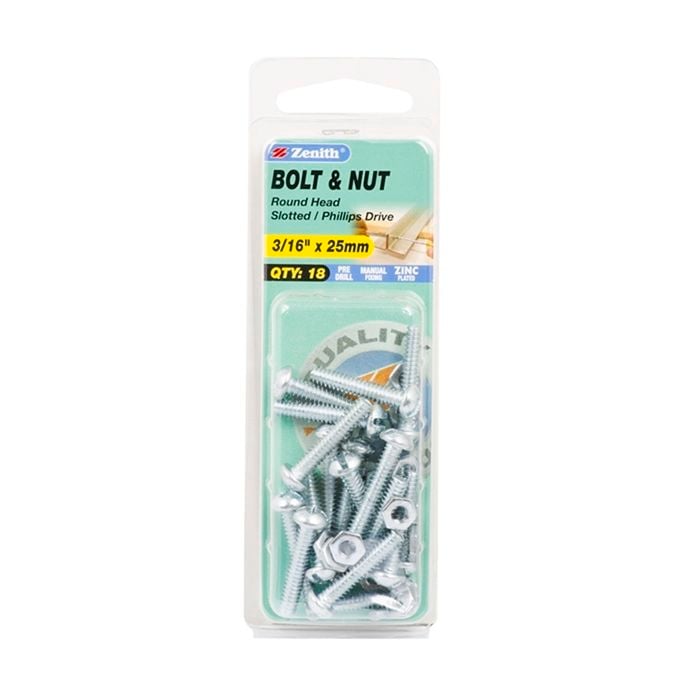 Zenith 3/16" x 25mm Zinc Plated Round Head Bolt And Nut - 18 Pack