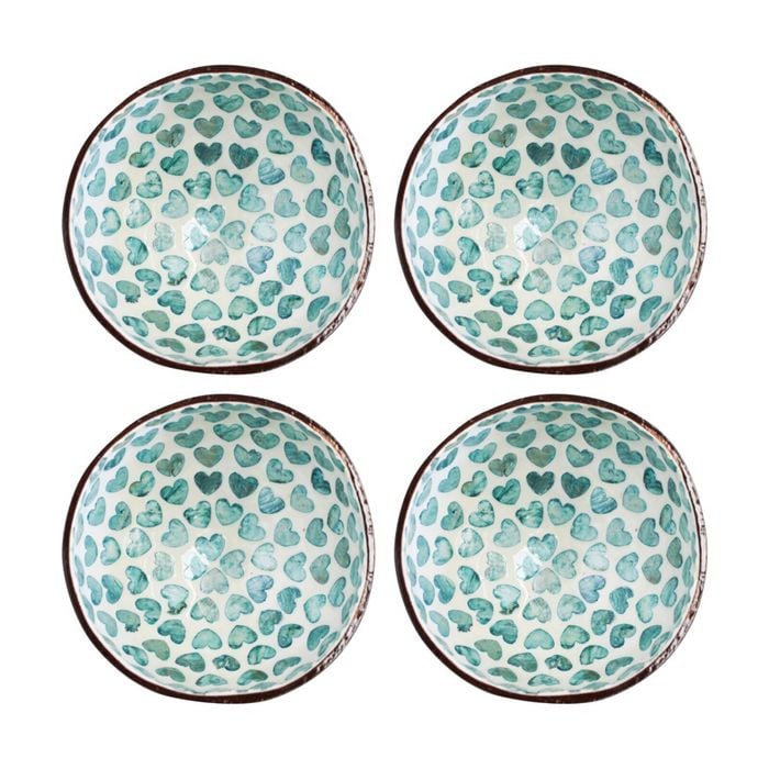 4pk Lvd Turquoise Heart Round Coconut Capiz Trinket/jewellery Bowl 13x13x6cm