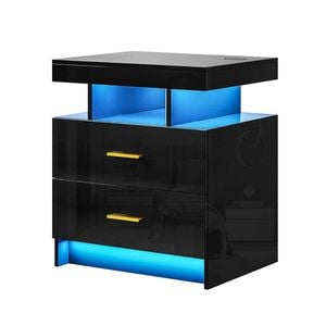 Black Smart Bedside Table LED Shelving Night Stand Desk Drawers