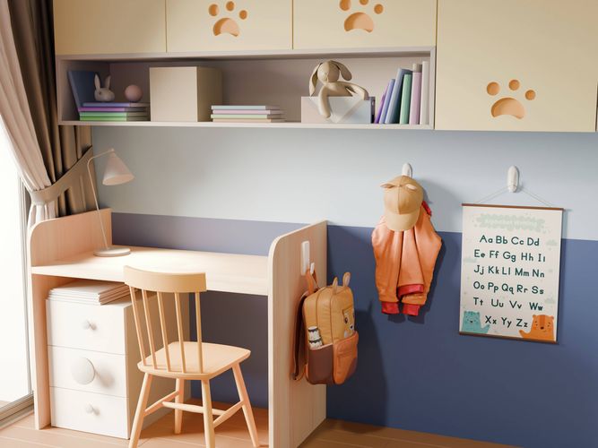 3M Command Hooks used in a children's study nook to hang a backpack, jacket and educational alphabet chart beside a desk and storage unit.