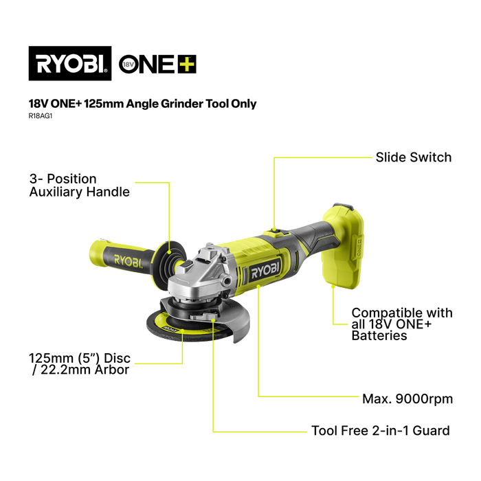 Ryobi 18V ONE+ 125mm Angle Grinder - Tool Only