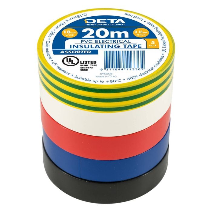 DETA 20m 18mm Assorted Insulation PVC Tape - 5 Pack