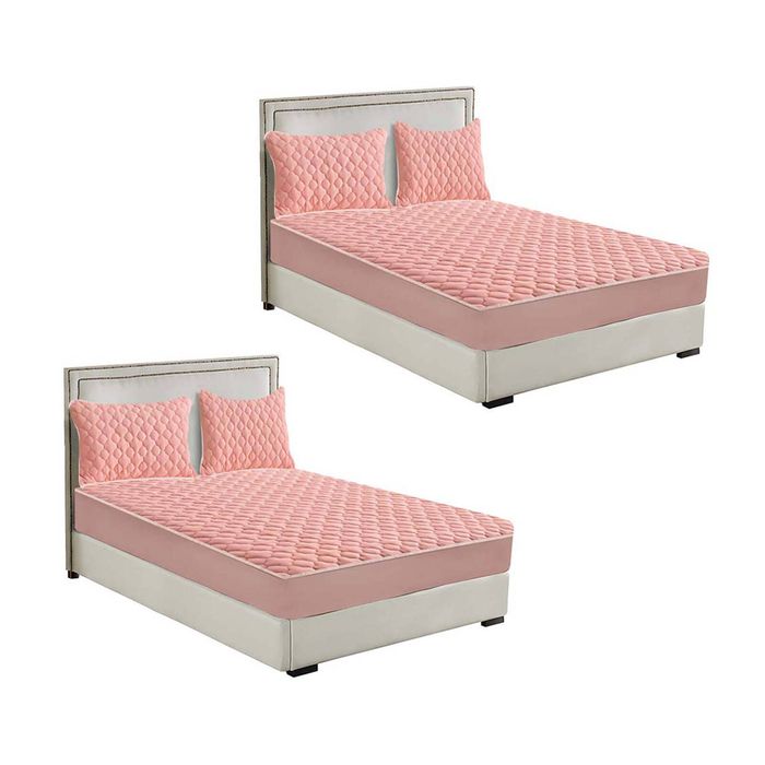 SOGA 2 Pack Pink Queen Clover Quilted Fleece Mattress Cover Sets with 4 Pillowcases