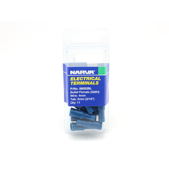 Narva 4 / 5mm 3/16" Blue Double Crimped Flared Vinyl Insulated Female Bullet Terminal - 11 Pack