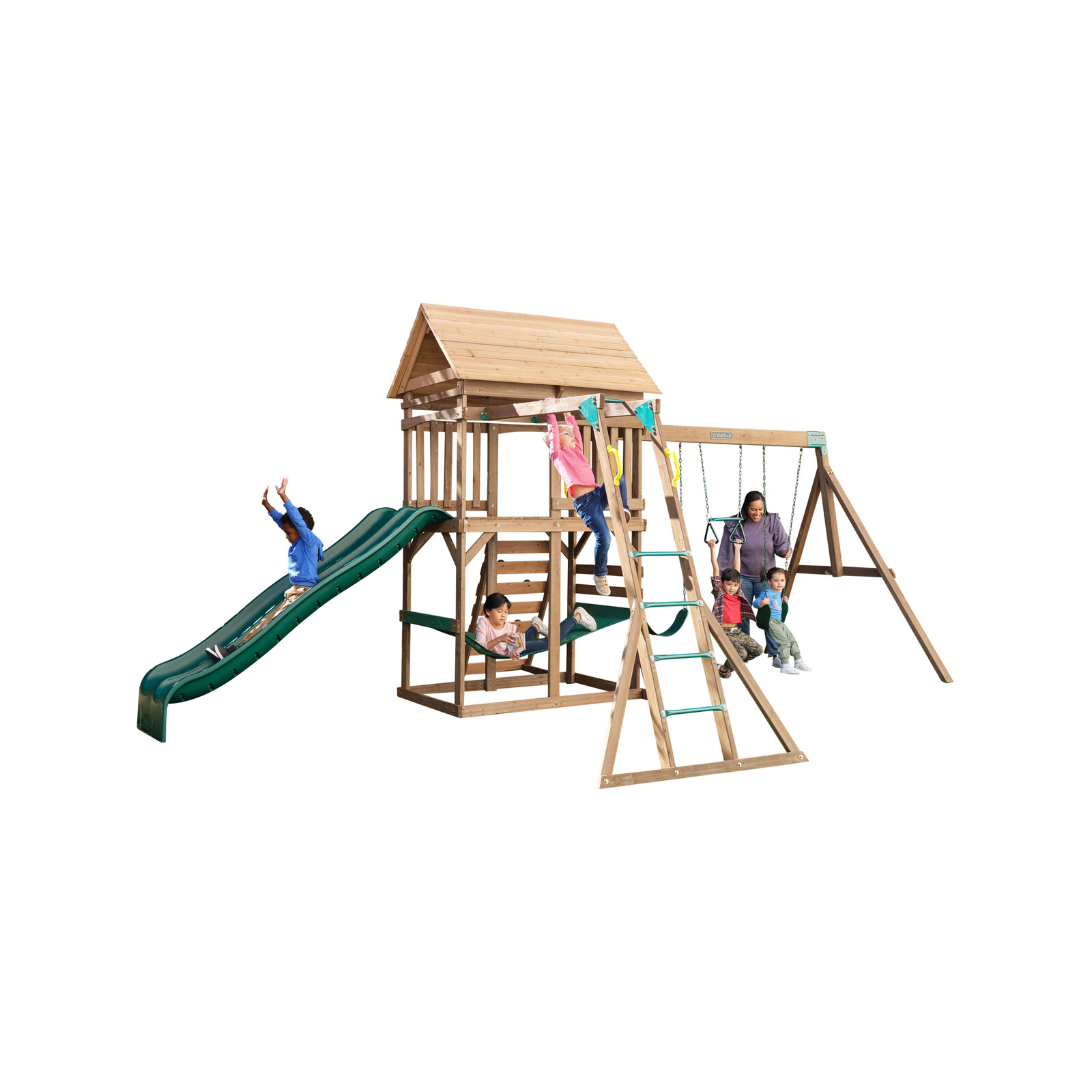 KidKraft Spacious Skies 5-in-1 Outdoor Swing Set Playset with Monkey  Bars, Slides and Rock Wall