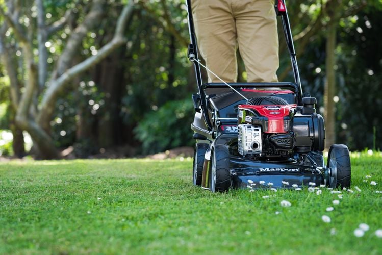 Person mowing lawn in backyard with cordless lawnmower
