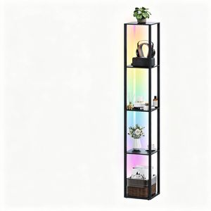 Ufurniture 5-tier Corner Display Bookshelf 162cm Storgae Shelf With Dimmable Led Floor Lamp Black