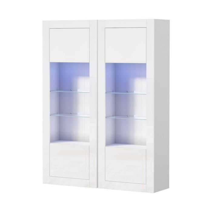 Oikiture 2Pcs Display Cabinet Sideboard Buffet Storage Cupboard LED Light White