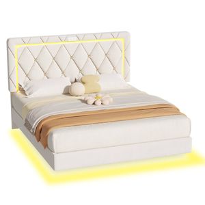 Advwin  LED Floating Bed Frame With Charging Station Velvet Upholstered Headboard Double Size, Beige