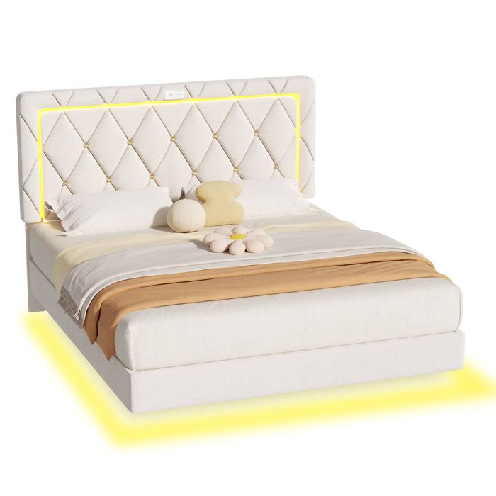 Advwin  LED Floating Bed Frame With Charging Station Velvet Upholstered Headboard Double Size, Beige
