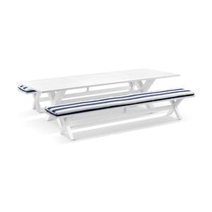 Tahitian 3m Outdoor Aluminium Dining Setting White With Bench Seats & Navy Stripe Cushions
