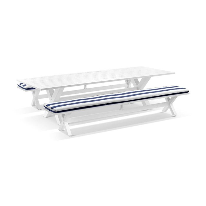 Tahitian 3m Outdoor Aluminium Dining Setting White With Bench Seats & Navy Stripe Cushions