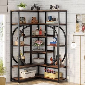 Oakory 176cm L-shaped Corner Bookshelf With 7 Tiers In Rustic Brown & Black