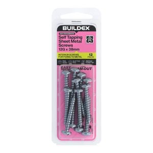 Buildex 12G x 38mm Zinc Plated Self Tapping Sheet Metal Screws - 12 Pack