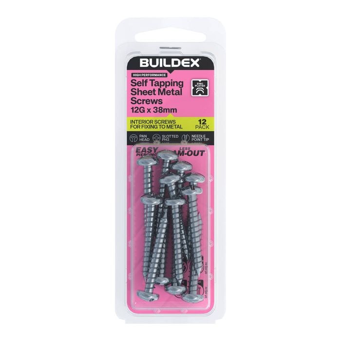 Buildex 12G x 38mm Zinc Plated Self Tapping Sheet Metal Screws - 12 Pack
