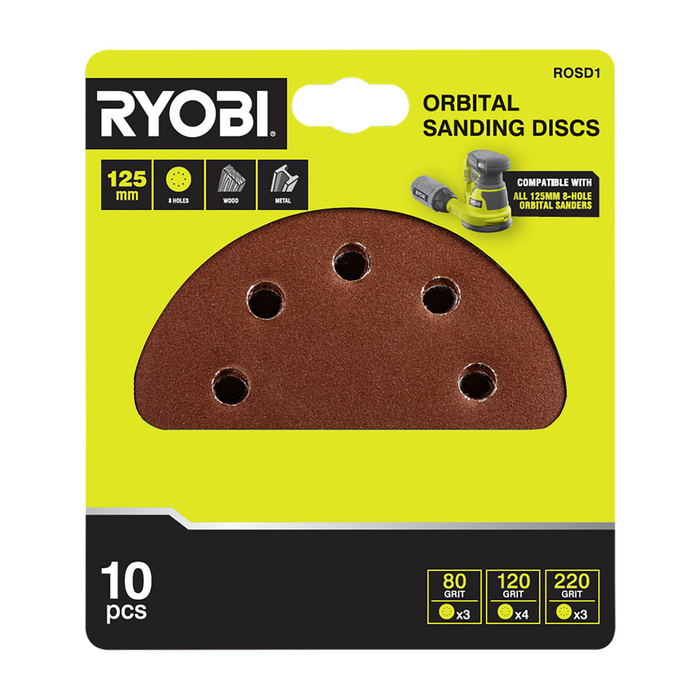 Ryobi 125mm Orbital Sanding Discs - 10 Pack