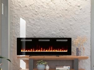 Electric fireplace on industrial shelf in living room