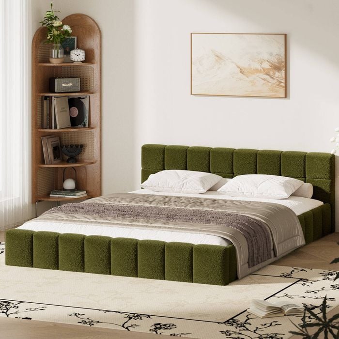 Oikiture Bed Frame Queen Green Boucle