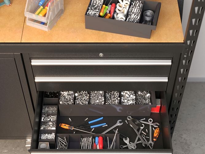 Handy totes storage system in shot with products and draws open