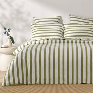 Dreamaker Cove Washed Cotton Yarn Dyed Wide Stripe Quilt Cover Set Olive King Single