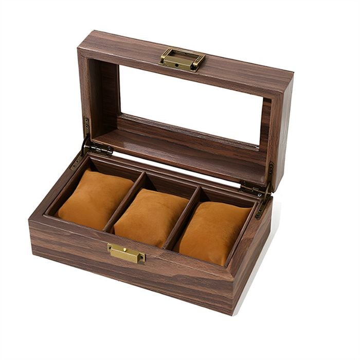 Catzon Watch Box Organizer Retro Wood Grain Watch Display Case With Glass Top-3slot