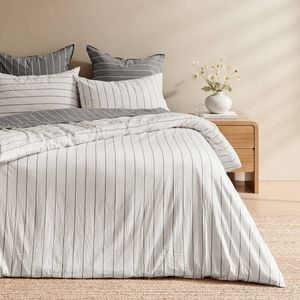 Dreamaker Rumi Washed Cotton Reversible Quilt Cover Set White with Charcoal Stripe Single Bed