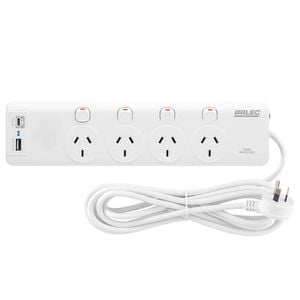 Arlec White 4 Outlet Individually Switched Surge Powerboard With PD30W Rapid Charging USB A And C