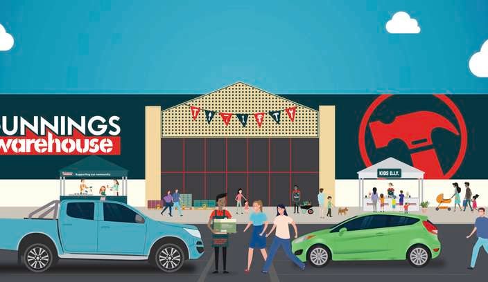 Fathers day event image with the front of a Bunnings Warehouse and customers.