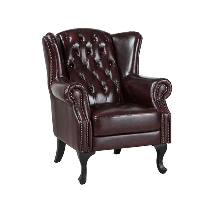 Max Chesterfield Winged Armchair Single Seater Sofa Genuine Leather Antique Red