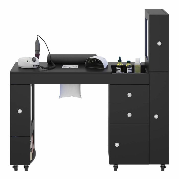 Ufurniture Manicure Table Acetone Resistant with Dust Collector Clear Showcase LED Light Rolling Wheels Black