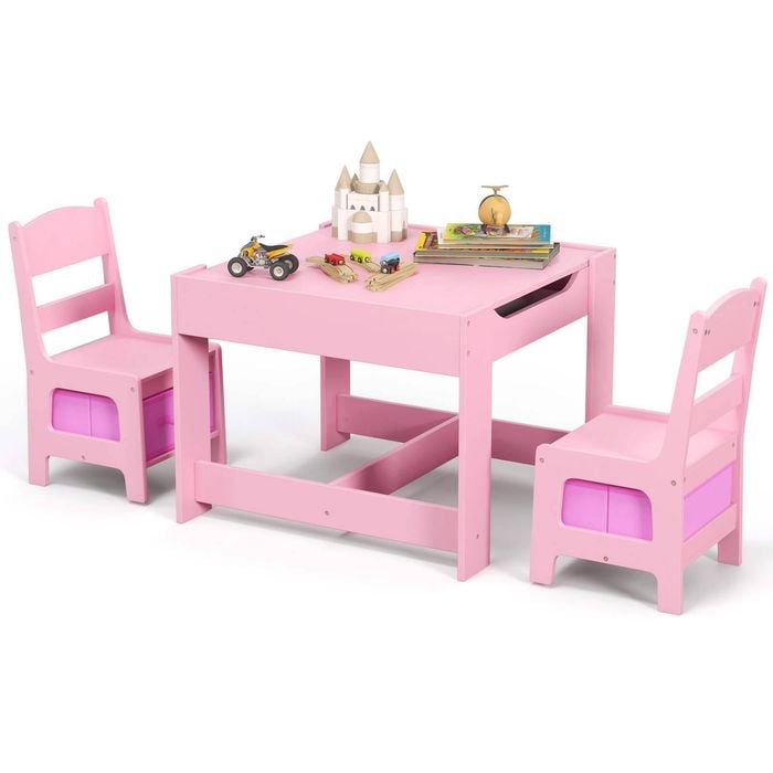 Costway 3-in-1 Kids Table And Chairs Set Activity Study Desk W/removable Chalkboard  & Storage Box Pink