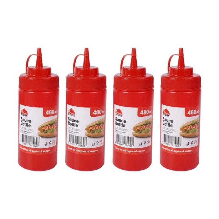 4PK Culinary Kitchen Plastic Squeeze Bottle Sauce Dispenser 480ml Red