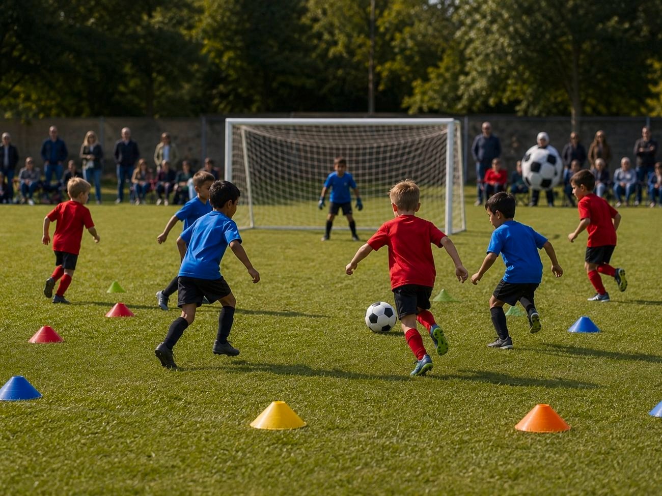 Children playing a small-sided soccer game on a grassy field, with players in red and blue shirts running toward a goal while a goalkeeper stands ready; colourful training cones are placed around the field and spectators watch from the background.