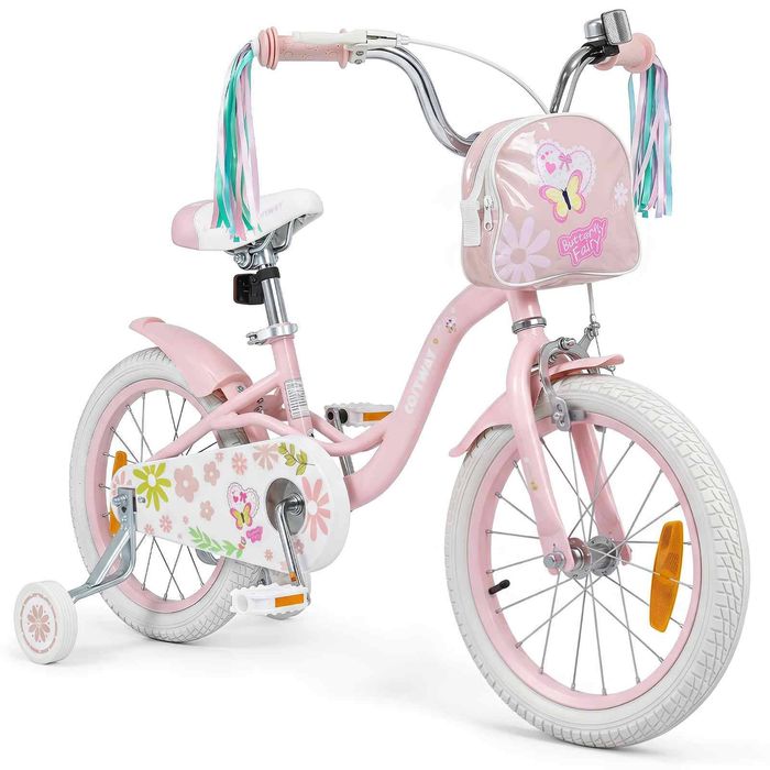 Costway 16" Kids Balance Bike w/Training Wheels & Front Bag-Pink