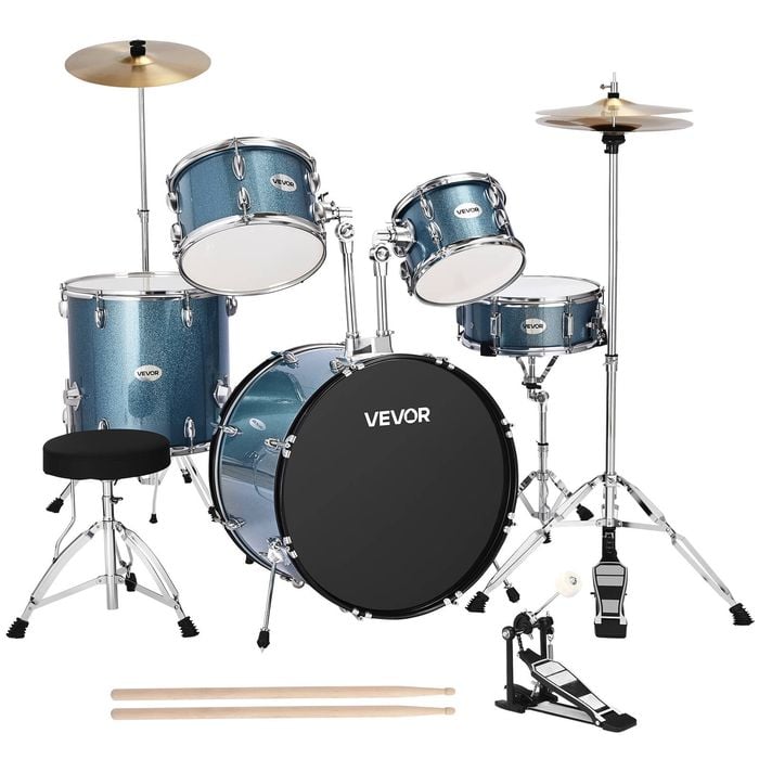 VEVOR 558.8mm 5-Piece Junior Drum Sets Gravel Blue with Adjustable Throne for Beginner