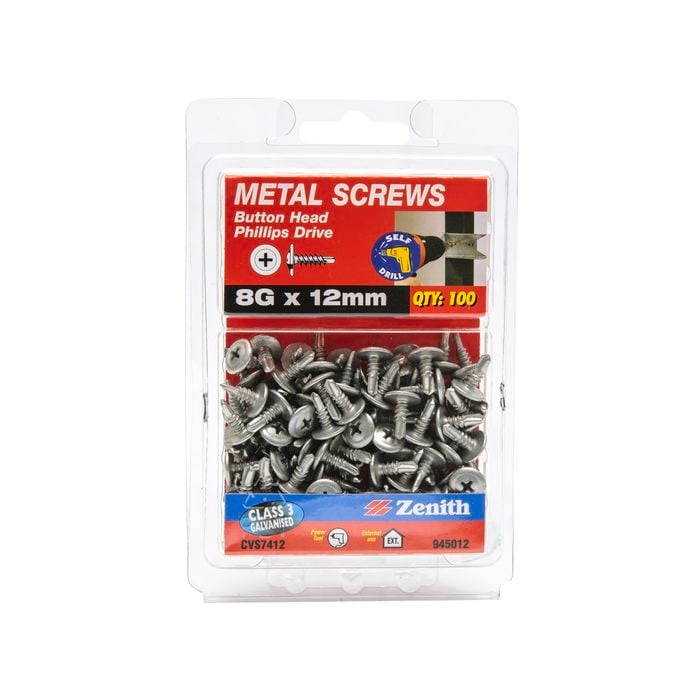 Zenith 8g x 12mm Galvanised Button Head Metal Screws - 100 Pack