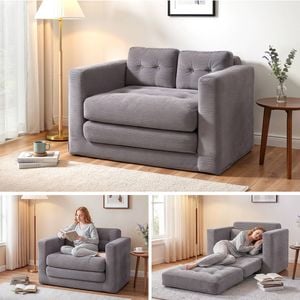 Homfurn 2 Seater Corduroy Convertible Sofa Bed – Pull Out Boneless Couch, Grey, Space-saving Design