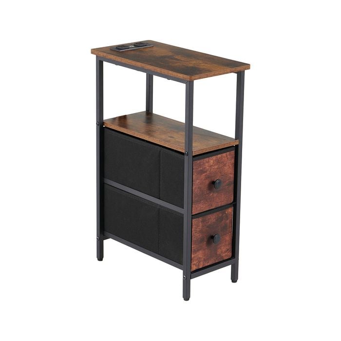 HOMFURN End Table with Charging Station 2 Fabric Drawers Narrow Side Table Nightstand
