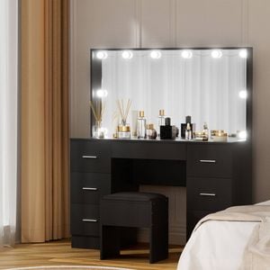 Vanity Desk with Mirror and Stool, Wooden Dressing Table Set with 7 Drawers, 3 Color LED Bulbs Makeup Table for Bedroom, Black
