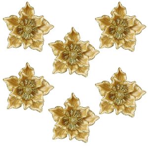 Catzon 6 Pcs Glitter Poinsettia Floral Picks for DIY Crafts-Yellow