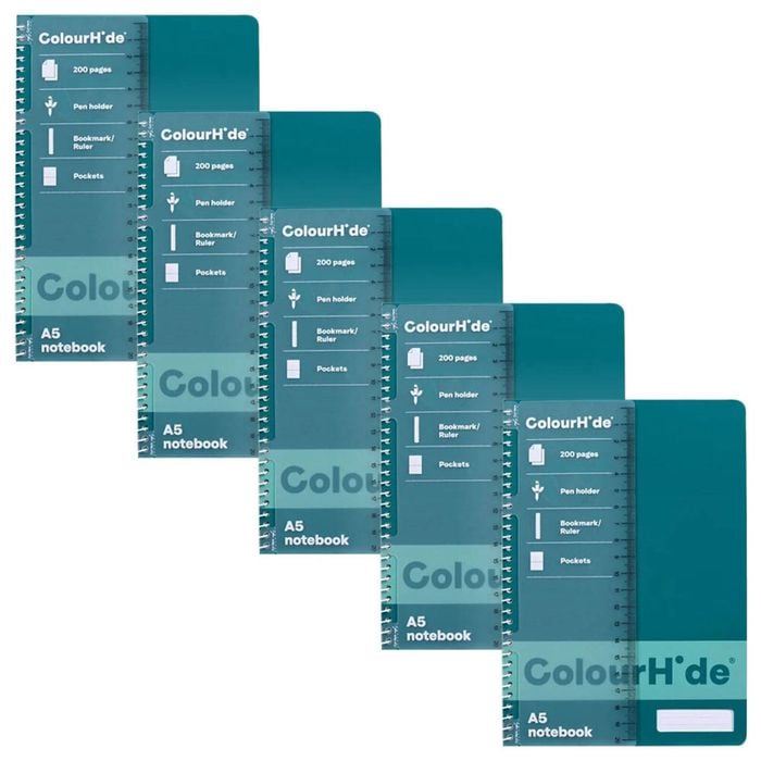 5pc Colourhide Writing Notebook W/ Ruler A5 School Stationery 200pgs Teal Green